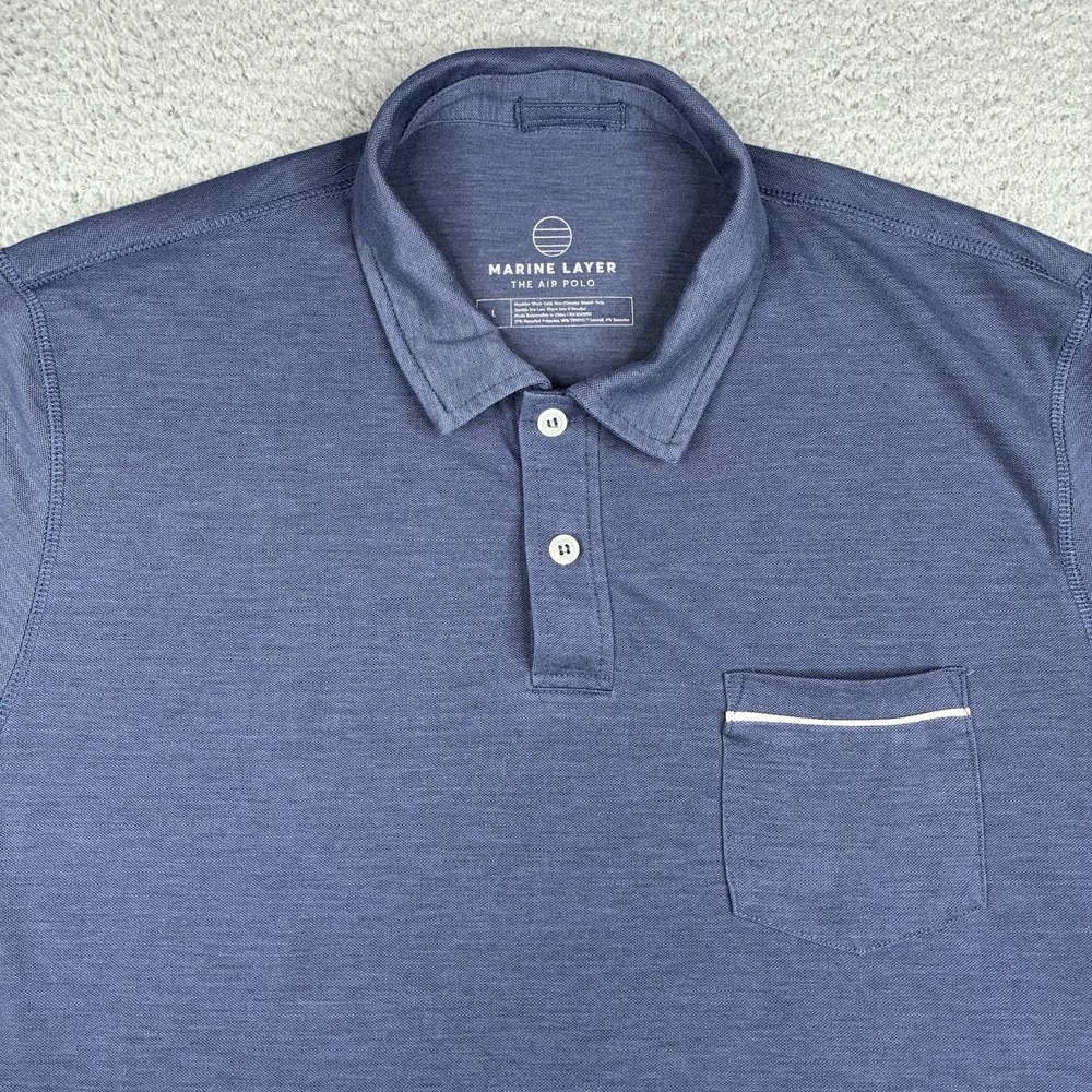 Marine Layer The Air Polo Shirt Men's Large Blue Tencel Pocket Short Sleeve